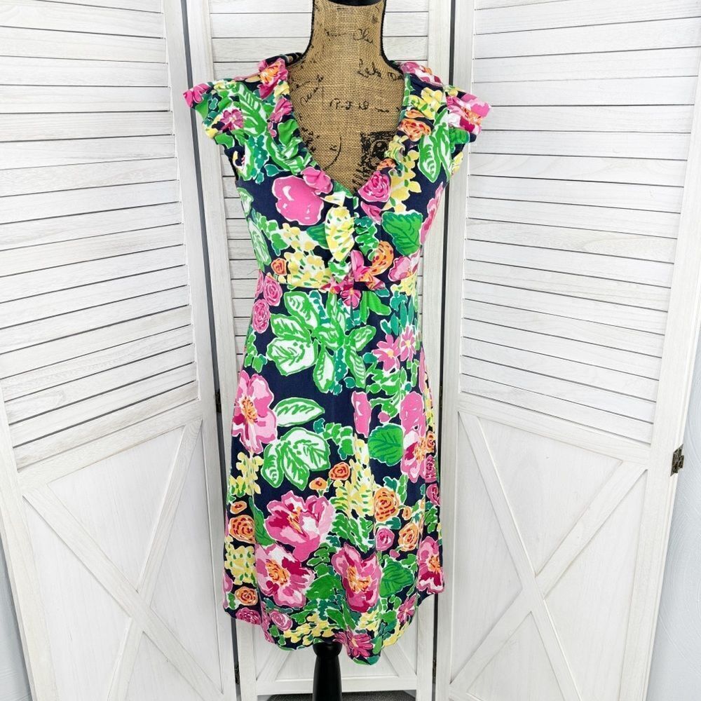 Lilly Pulitzer Clare Floral Ruff Trim Silk Jersey Knit Dress Xs Gateway Garden